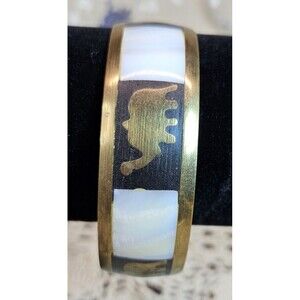 Vintage Brass w/ Mother of Pearl Inlay Bangle Bracelet Elephant Trunk Up
